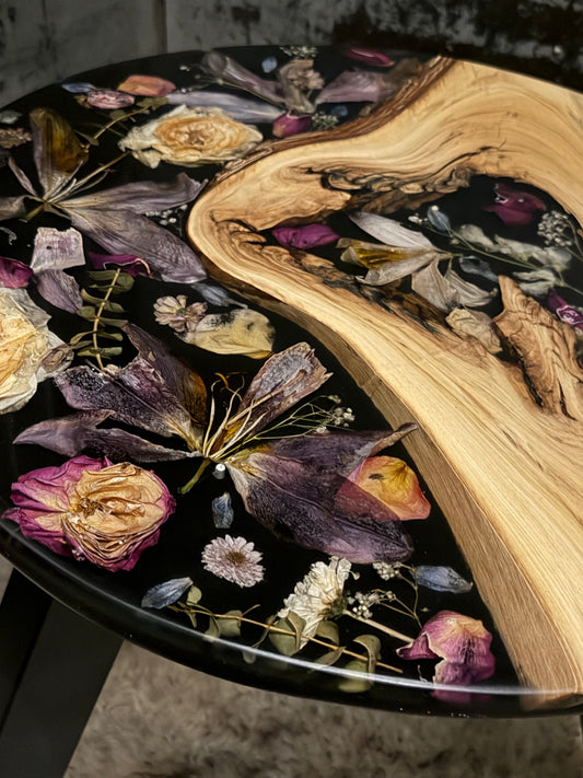 Midnight Bloom | Custom Floral Epoxy Side Table
